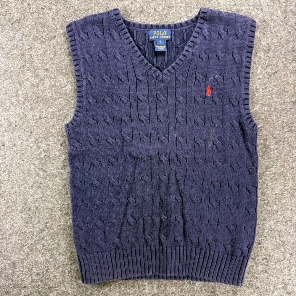 Polo Ralph Lauren Boys Cable Knit Sweater Vest Red Pony Navy Blue‎ Size 7